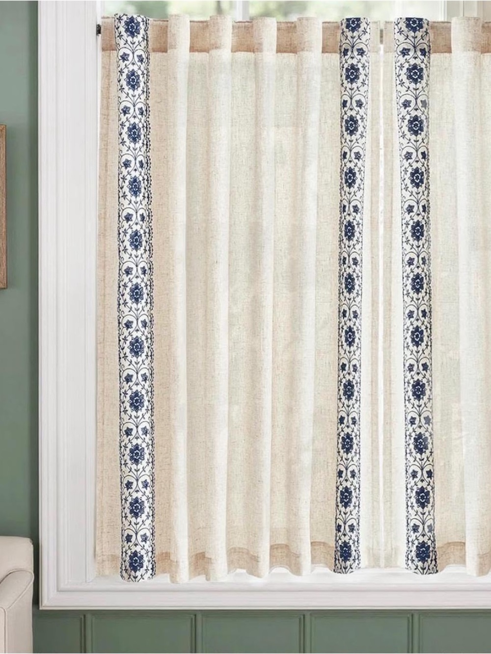 Beige Sheer Window Curtains with Blue Embroidered Trim - Home Accents